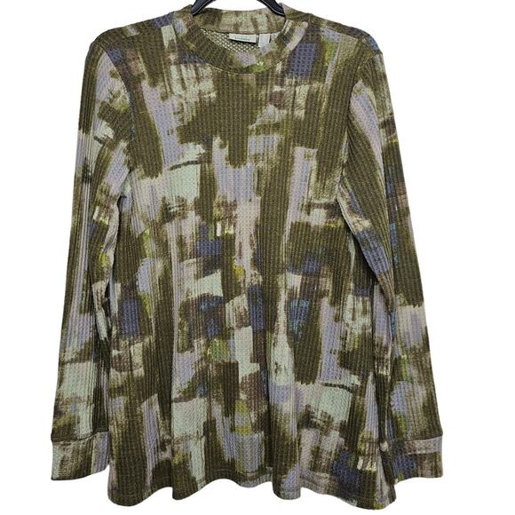 LOGO Lounge Lori Goldstein Womens Cloud Waffle Printed Scoop Neck Top Sz S Green - Picture 1 of 8